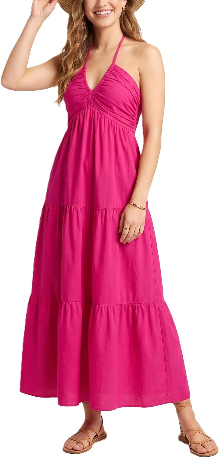 Halter Tiered Maxi Dress in Fuchsia