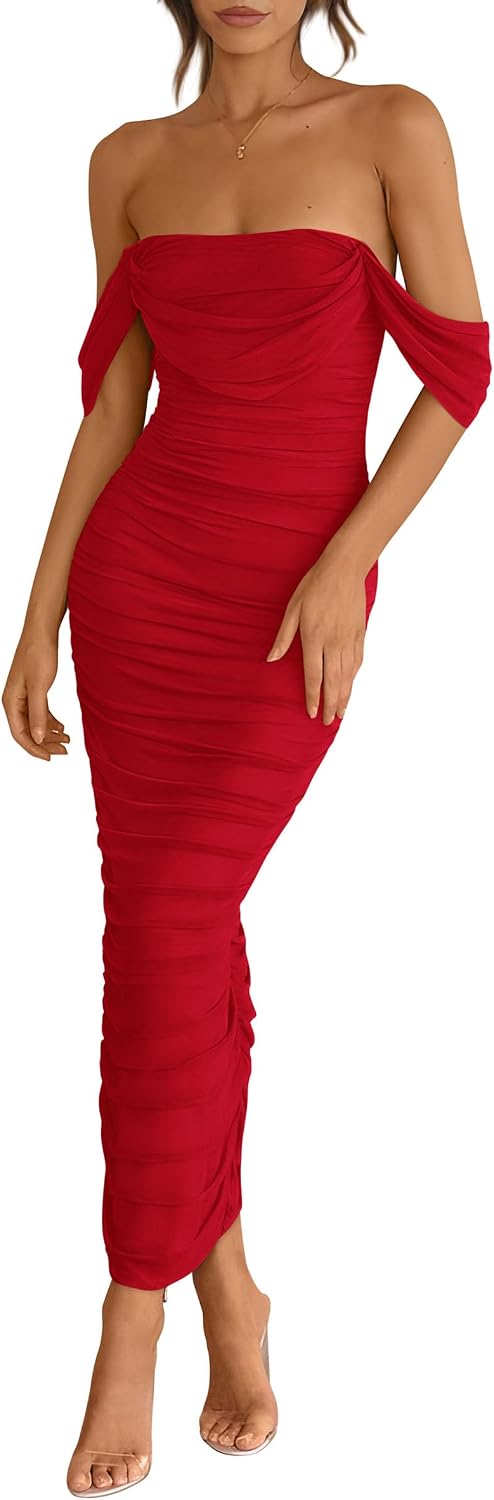 Off-Shoulder Ruched Mesh Maxi Dress with Back Slit in Red