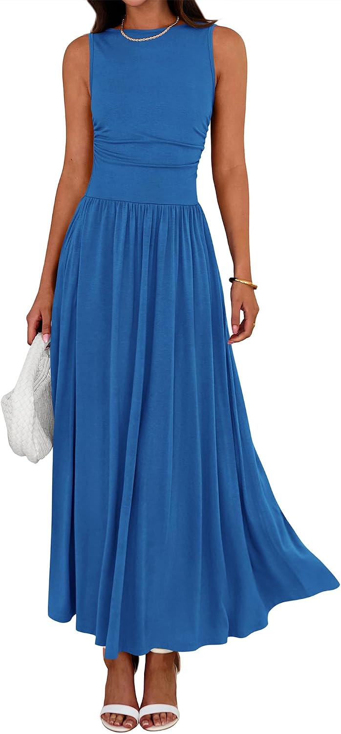 Crew-Neck Ruched Tank Maxi Dress in Blue