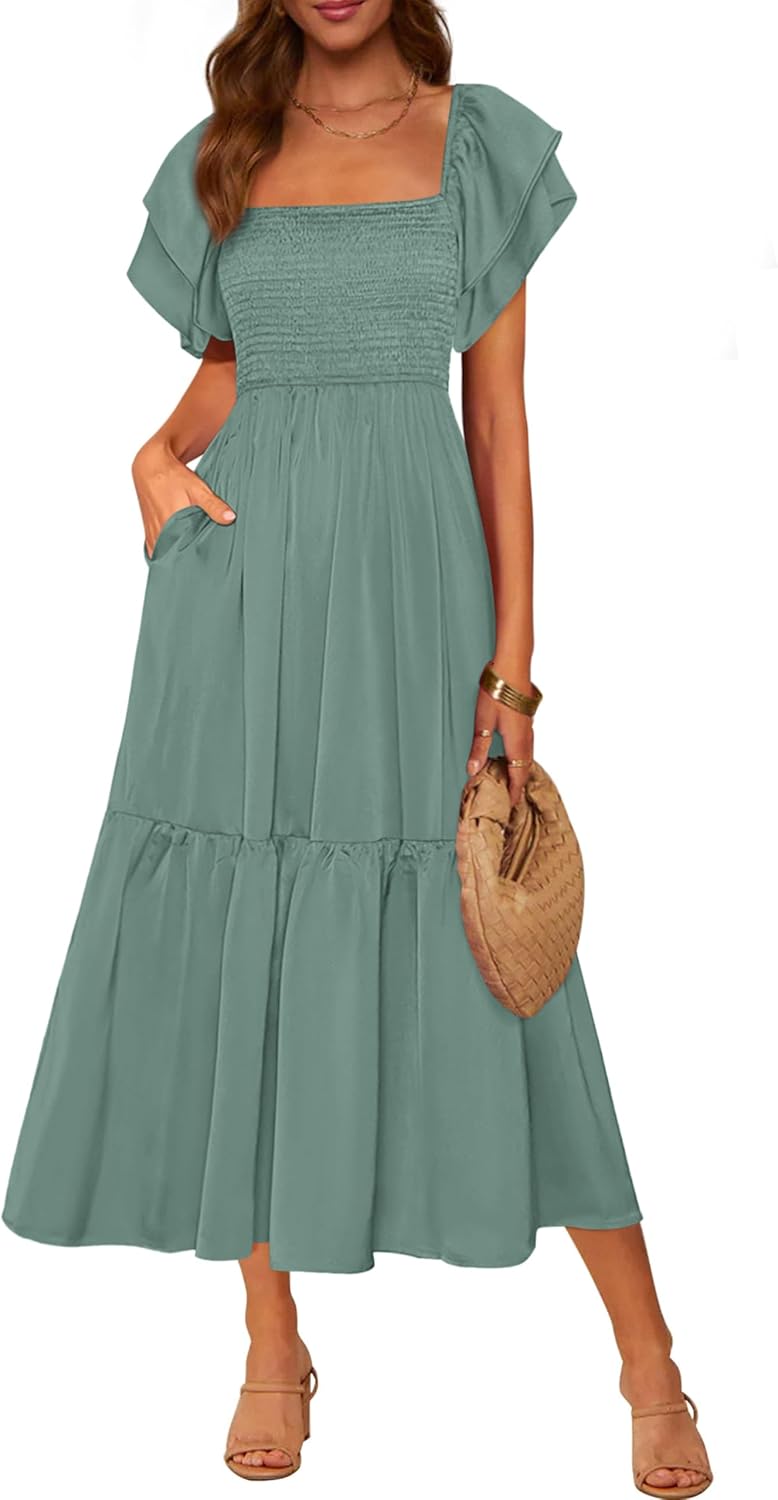Smocked Square-Neck Ruffle-Sleeve Tiered Midi Dress in Green