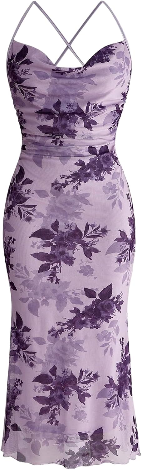 Floral Mesh Cowl-Neck Cami Maxi Dress in Purple