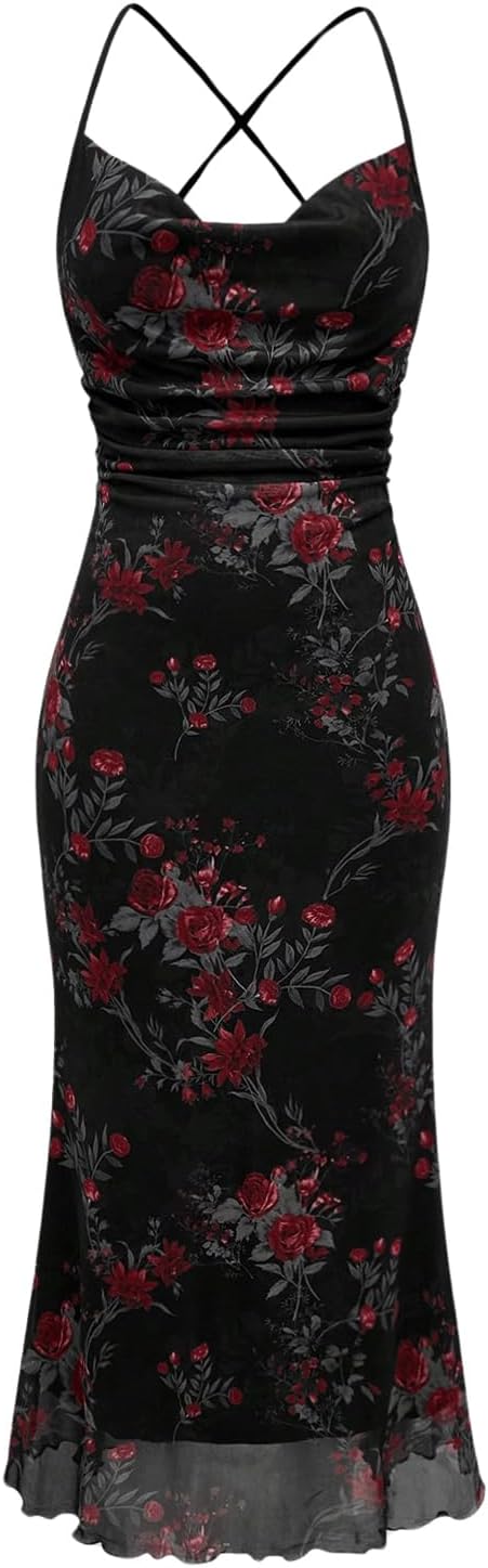 Floral Mesh Cowl-Neck Cami Maxi Dress in Black Flower Print