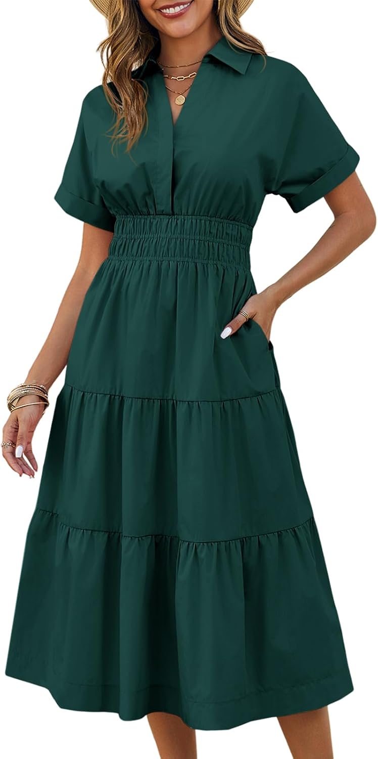 Collared Short-Sleeve Tiered Maxi Shirt Dress in Dark Green