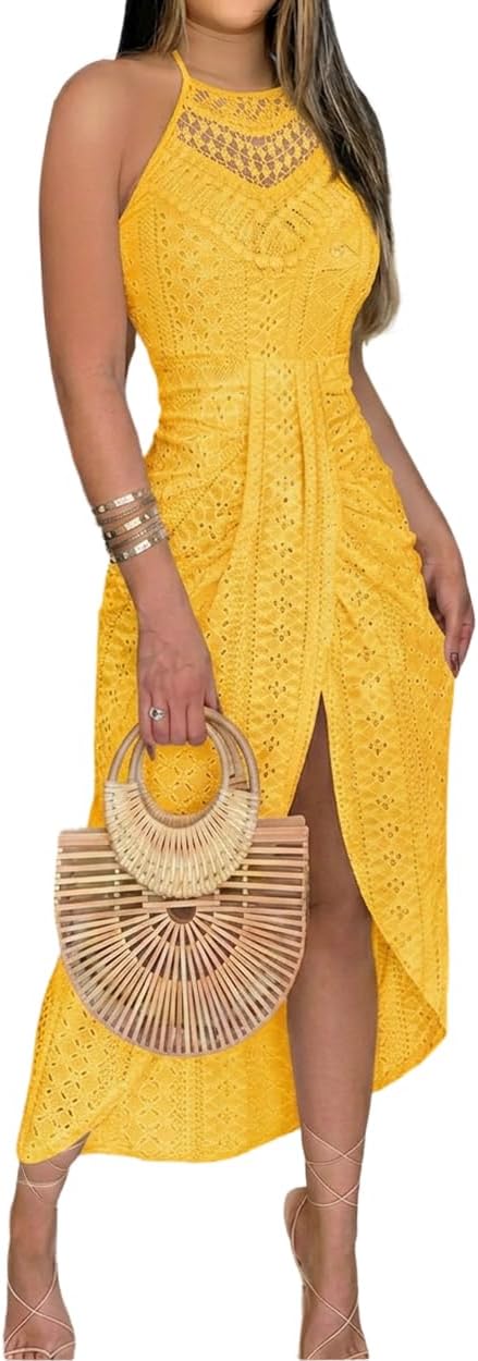 Eyelet Halter Cut-Out A-Line Dress in Dark Yellow