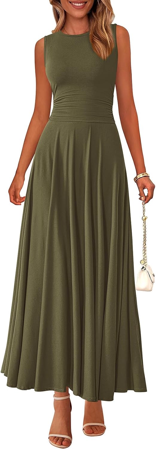 Rib Knit Crew-Neck Sleeveless A-Line Maxi Dress in Army Green