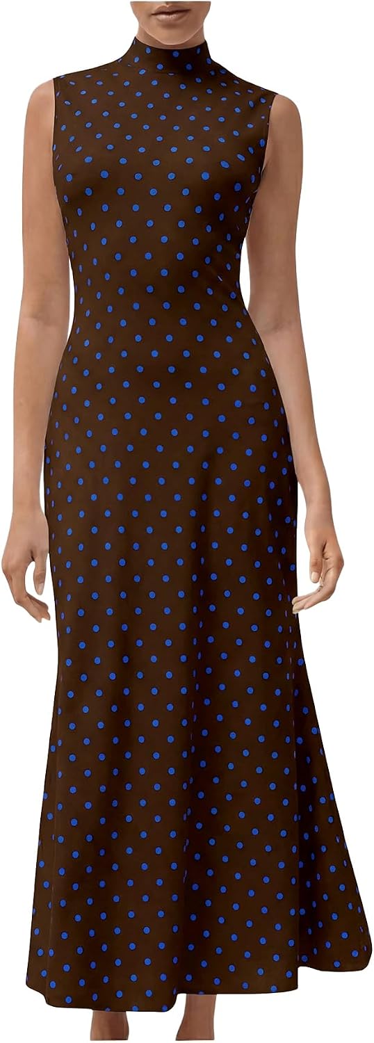 Polka Dot Mock-Neck Sleeveless Maxi Dress in Brown and Blue