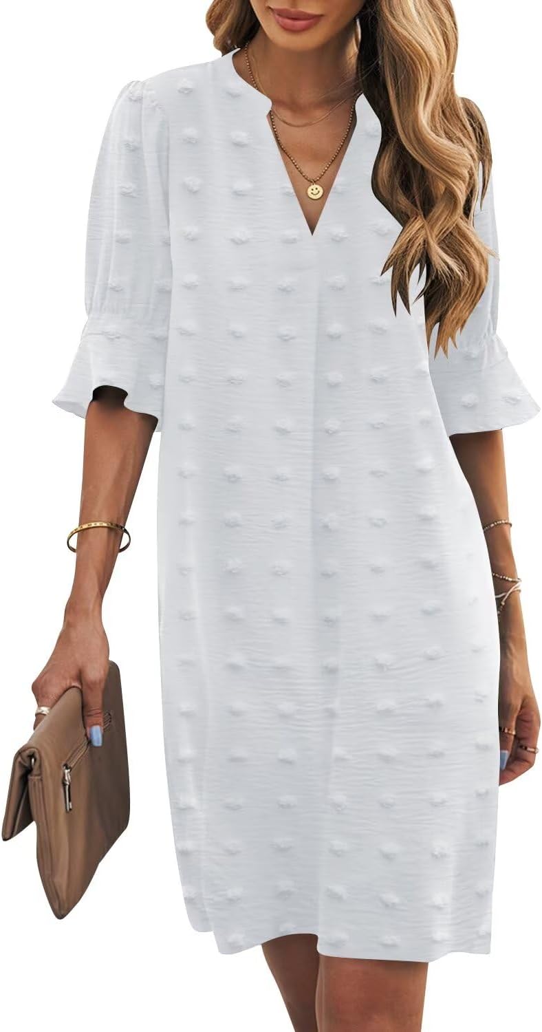 Ruffle-Sleeve V-Neck Swing Shift Mini Dress in Swiss Dot White