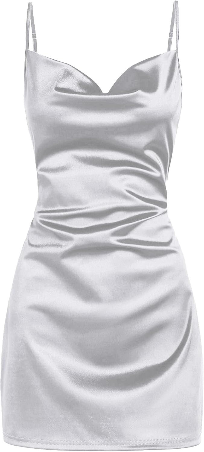 Satin Cowl-Neck Spaghetti Strap Slip Mini Dress in Silver Gray