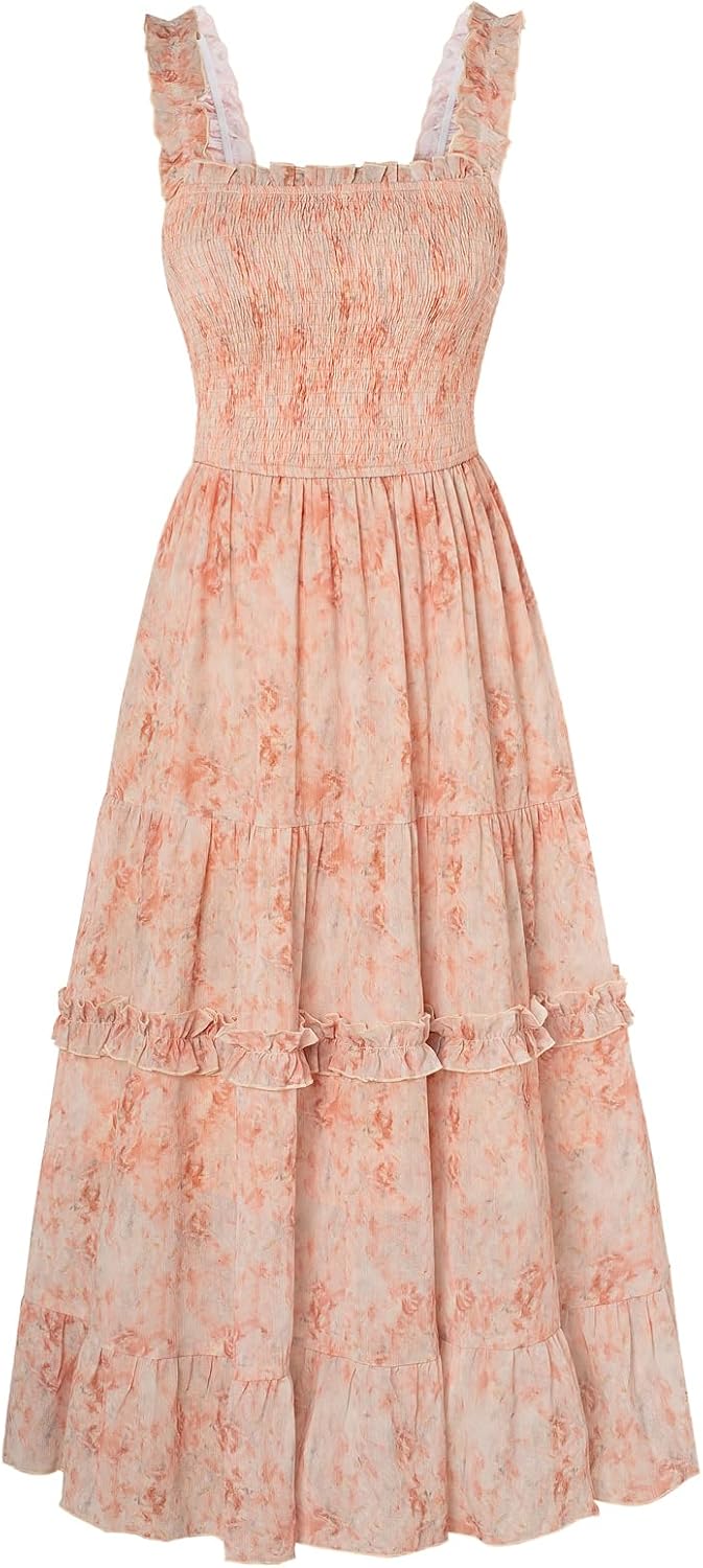 Floral Smocked Square-Neck Tiered Sundress in Orange Floral