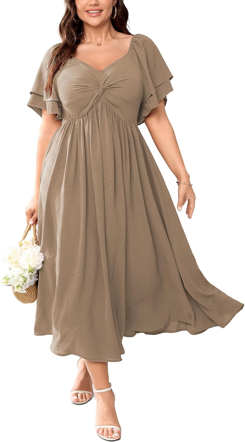 Plus Size Sweetheart Ruffle-Sleeve A-Line Maxi Dress in Khaki
