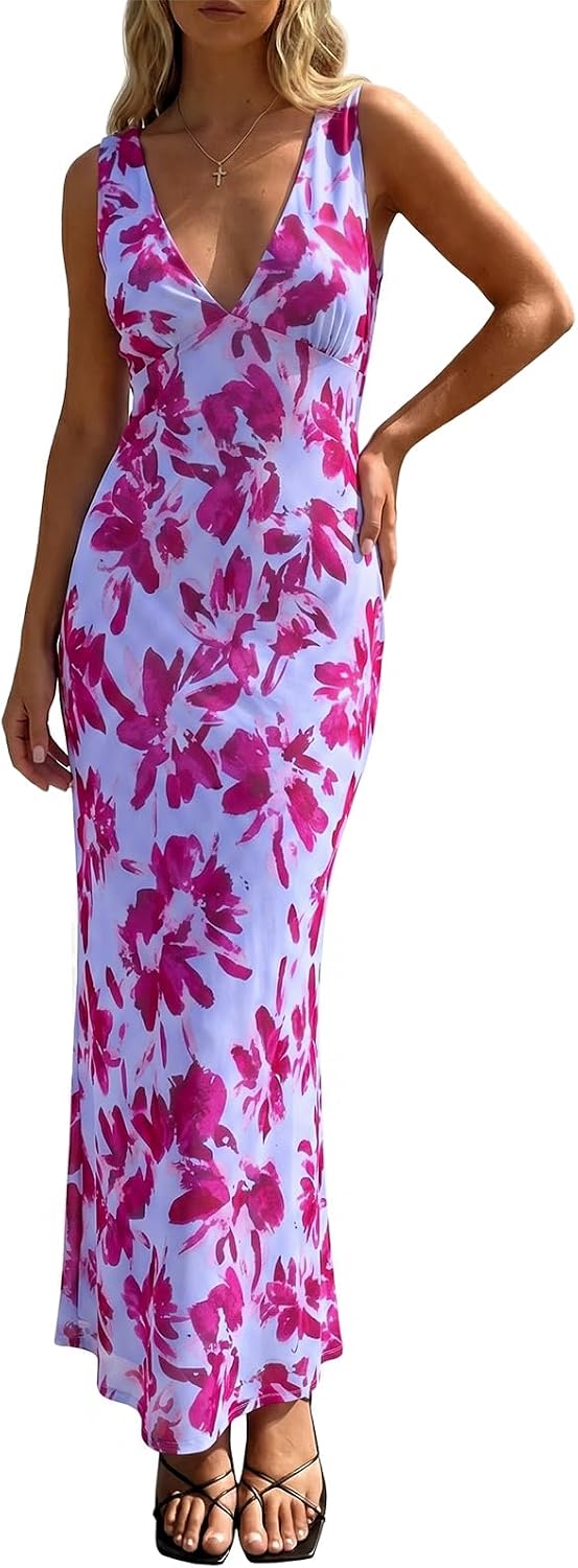 Polka Dot Mesh Deep V-Neck Backless Maxi Dress in Rose Red