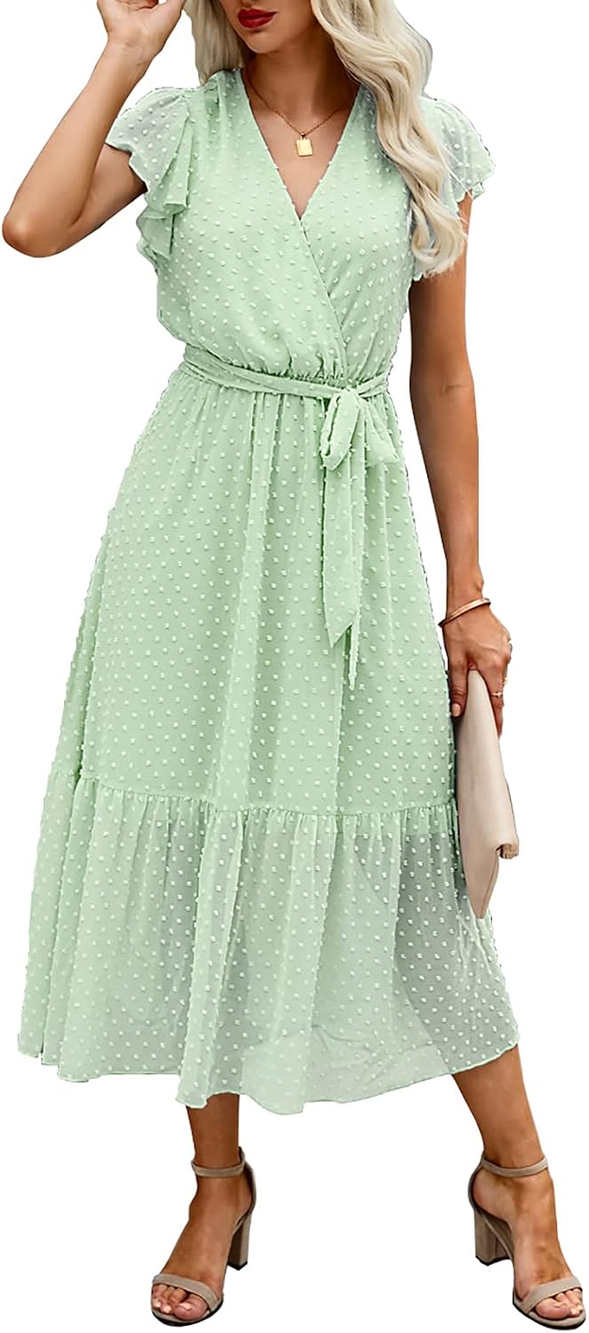 Swiss Dot Wrap V-Neck Belted Midi Dress in Swiss Dot Light Green