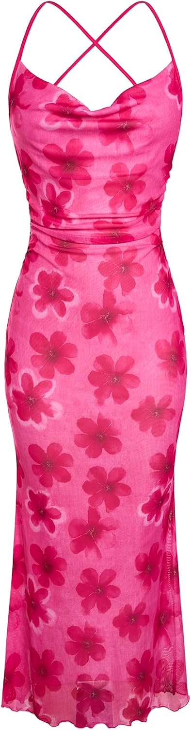 Floral Mesh Cowl-Neck Cami Maxi Dress in Pink Flower