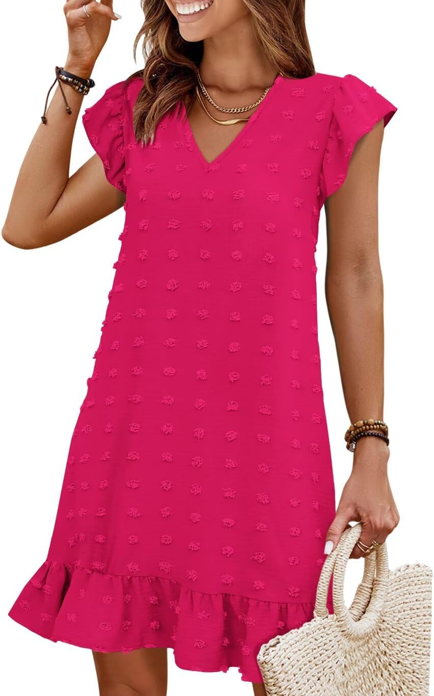 Flutter-Sleeve V-Neck Ruffle-Hem Mini Sundress in Rose Pink