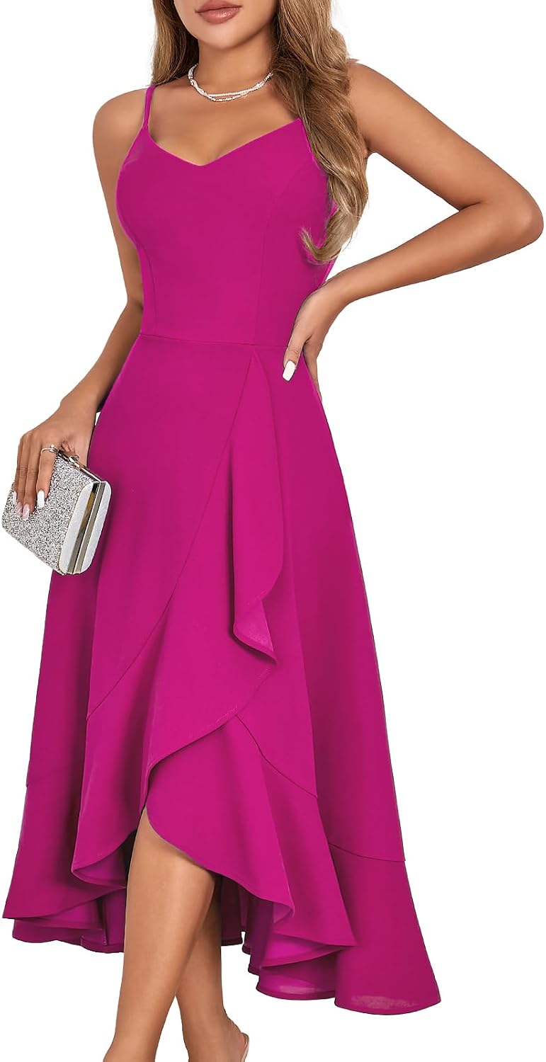 Ruffle High-Low Spaghetti Strap Cocktail Dress in Rose