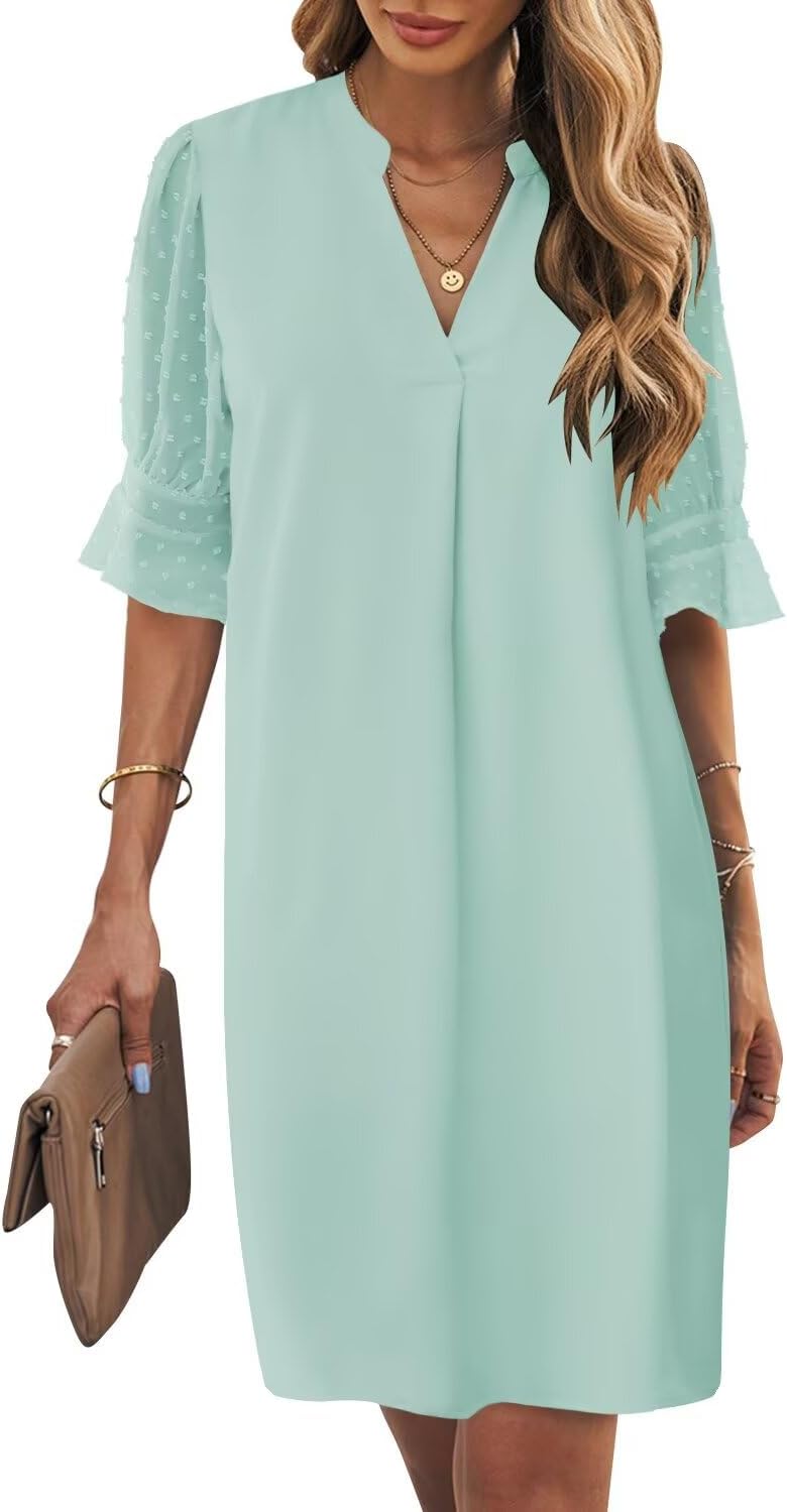 Ruffle-Sleeve V-Neck Swing Shift Mini Dress in Swiss Mint Green