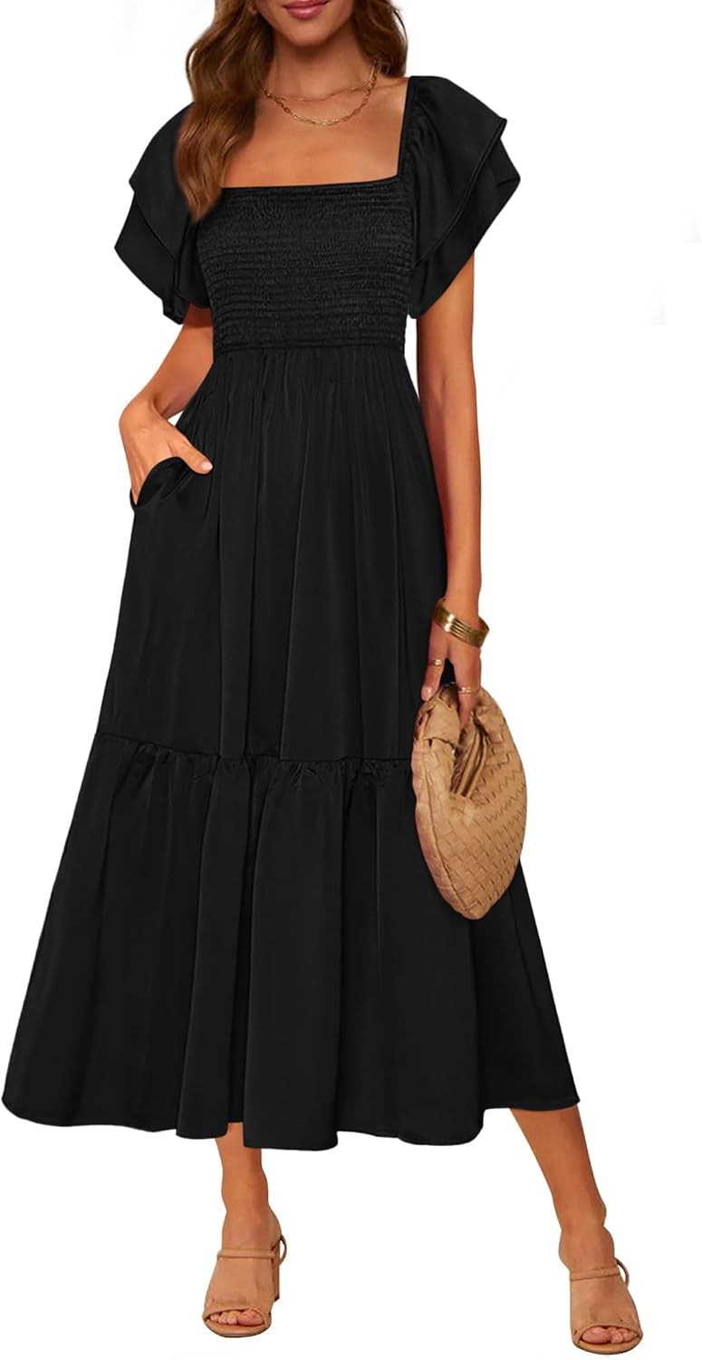 Smocked Square-Neck Ruffle-Sleeve Tiered Midi Dress in Black