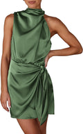 Satin Mock-Neck Asymmetric Ruched Cocktail Dress in Army Green