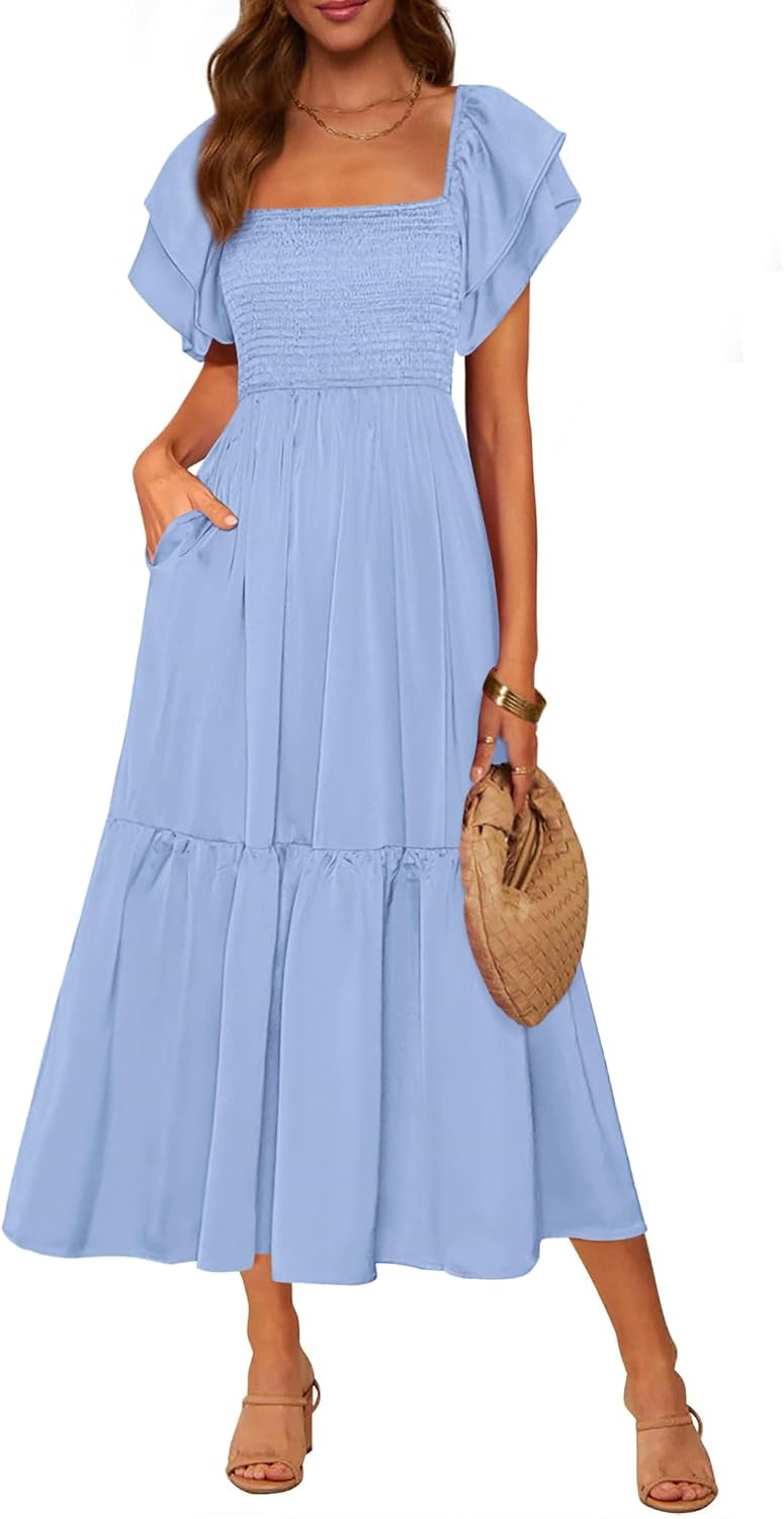 Smocked Square-Neck Ruffle-Sleeve Tiered Midi Dress in Light Blue