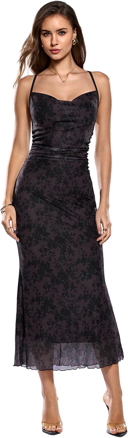 Floral Mesh Cowl-Neck Cami Maxi Dress in Multicolor Floral Print