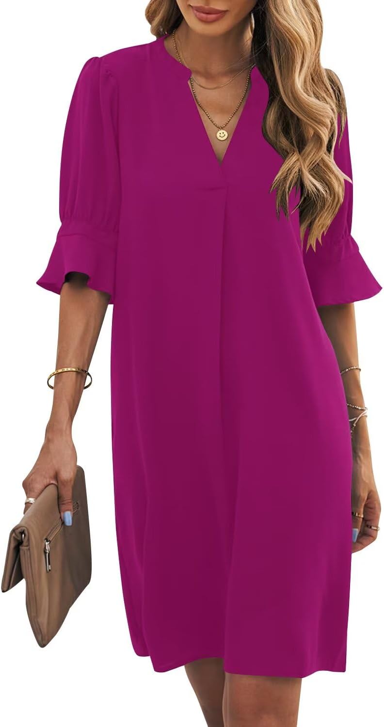 Ruffle-Sleeve V-Neck Swing Shift Mini Dress in Rosy