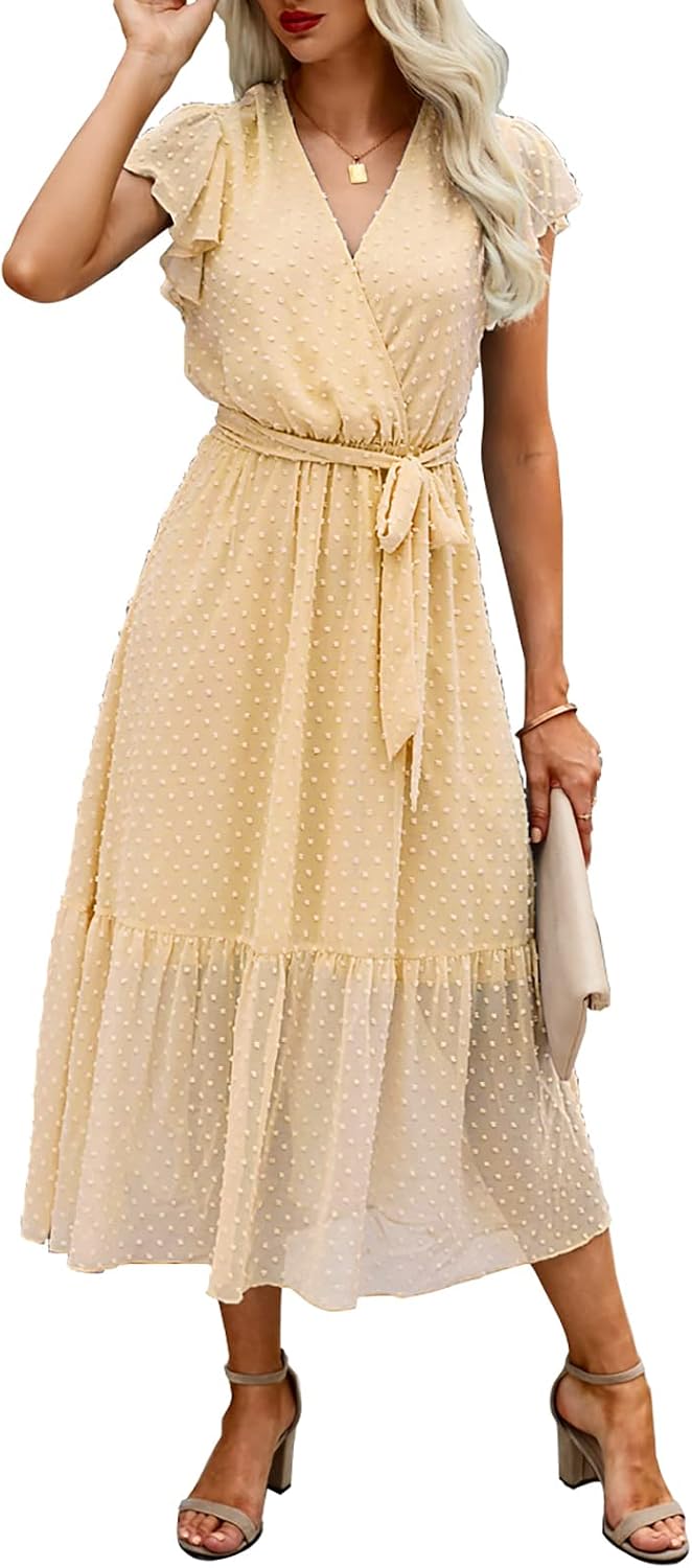 Swiss Dot Wrap V-Neck Belted Midi Dress in Swiss Dot Light Yellow