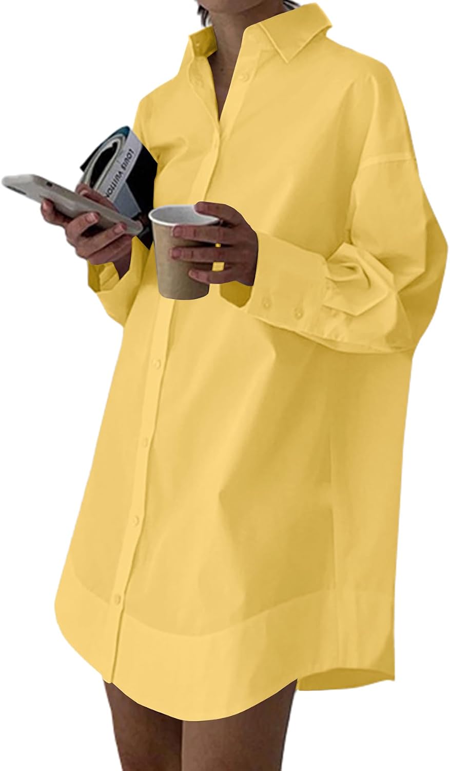 Collared V-Neck Long-Sleeve Button-Down Shirt Dress in Yellow