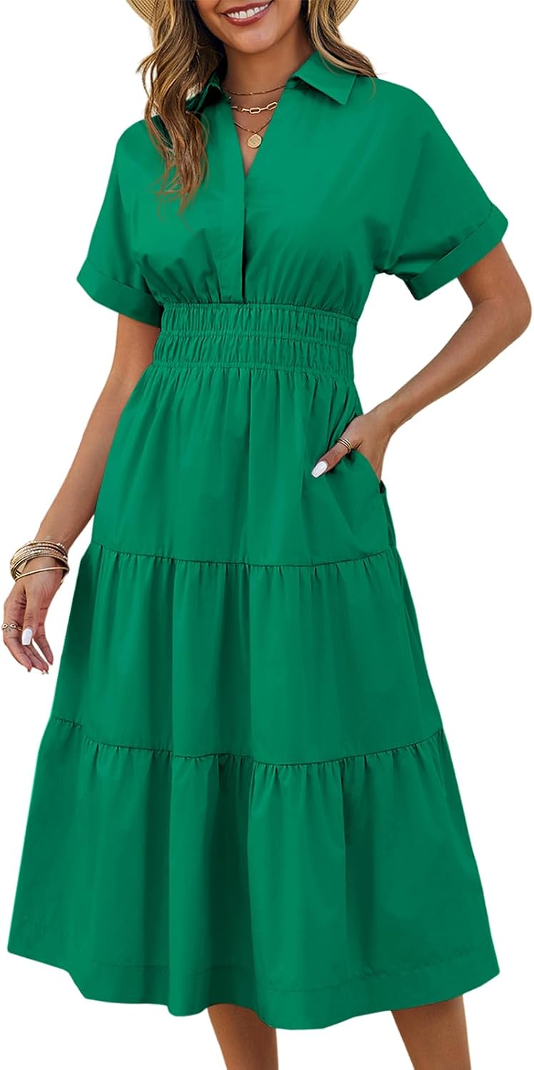 Collared Short-Sleeve Tiered Maxi Shirt Dress in Green