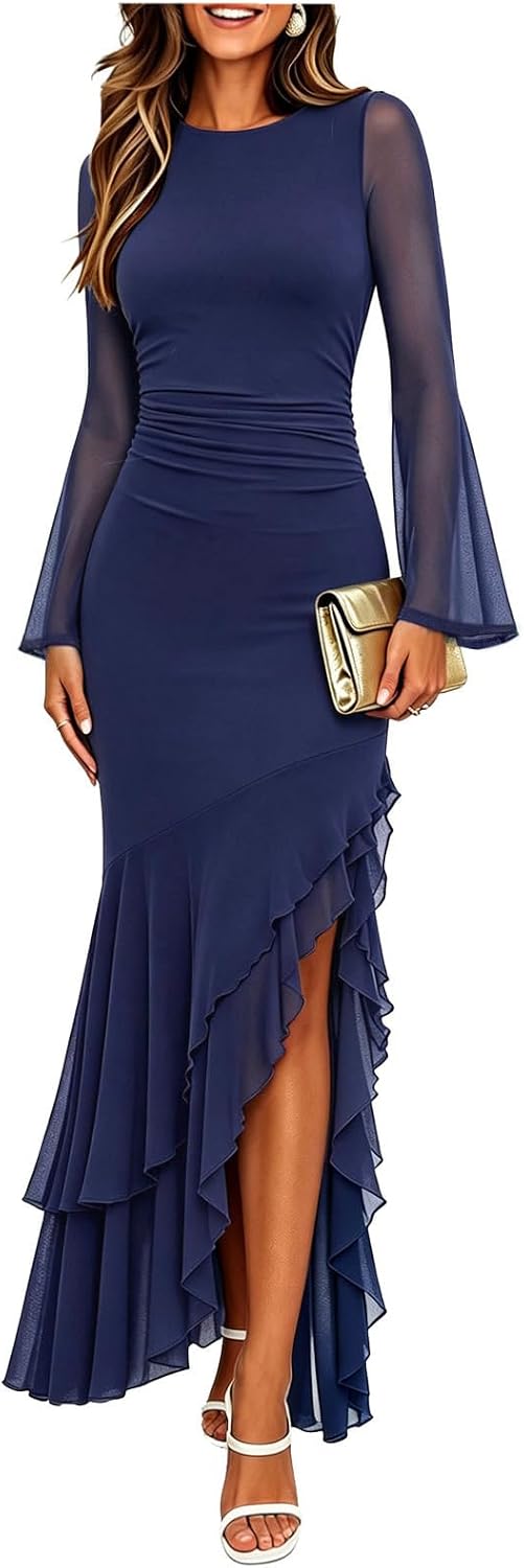 Ruched Mesh Long-Sleeve Mermaid Maxi Dress in Navy