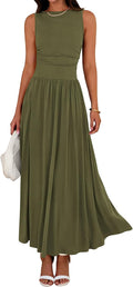 Crew-Neck Ruched Tank Maxi Dress in Army Green