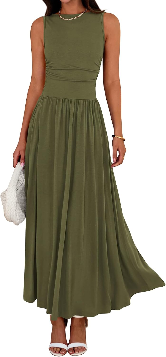 Crew-Neck Ruched Tank Maxi Dress in Army Green