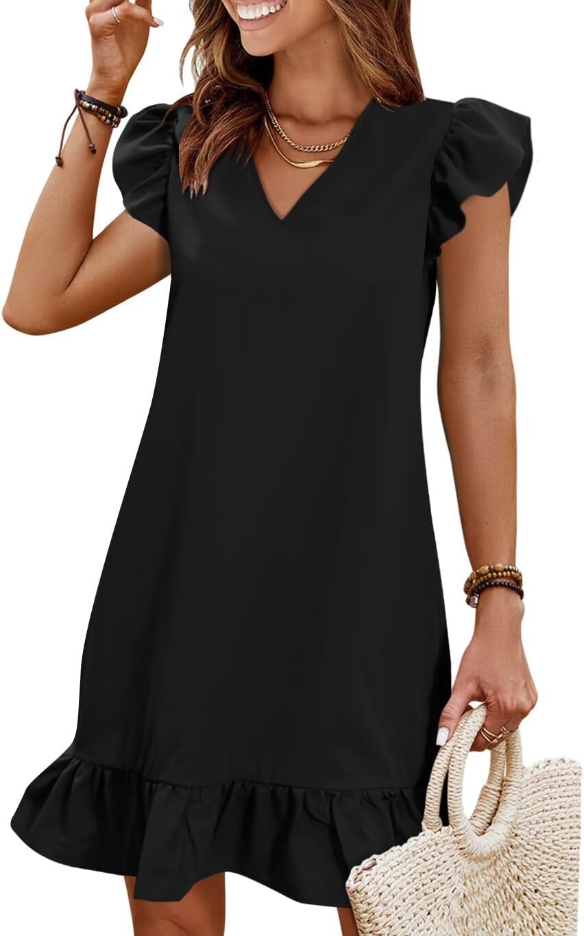 Flutter-Sleeve V-Neck Ruffle-Hem Mini Sundress in Black, style 01
