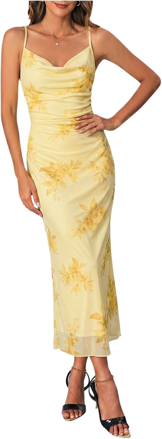 Floral Mesh Cowl-Neck Cami Maxi Dress in Light Yellow