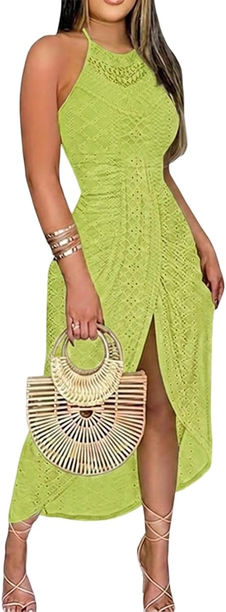 Eyelet Halter Cut-Out A-Line Dress in Light Green