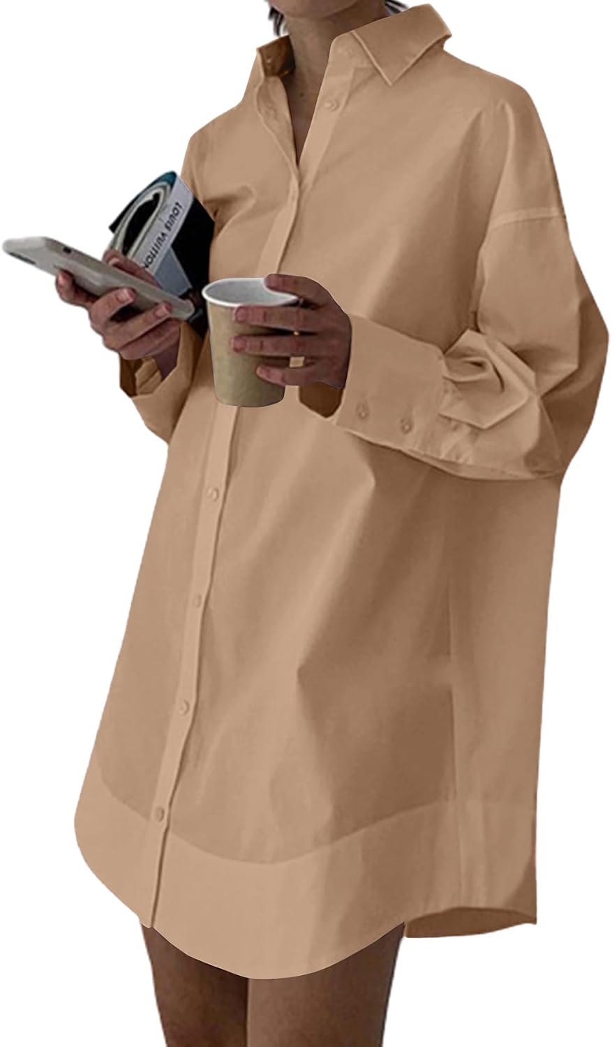 Collared V-Neck Long-Sleeve Button-Down Shirt Dress in Dark Khaki