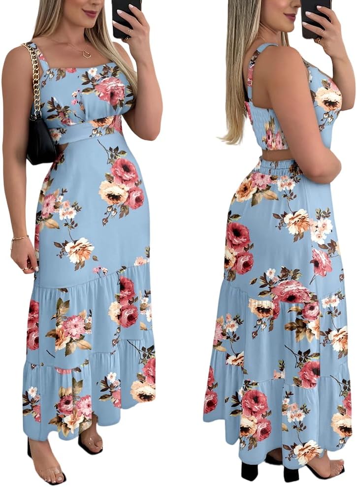 Floral Cut-Out Square-Neck Maxi Sundress in F Misty Blue