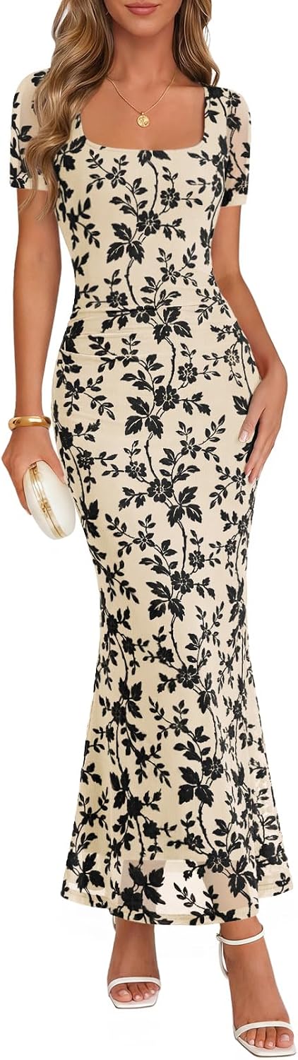 Floral Flocked Mesh Square-Neck Maxi Dress in Apricot