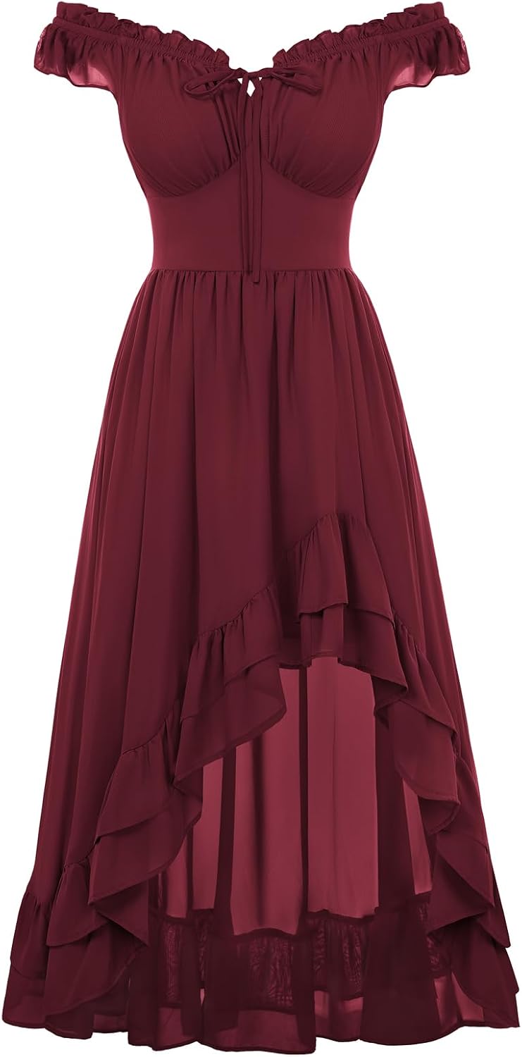 Off-Shoulder Chiffon Corset High-Low Dress in Wine Red