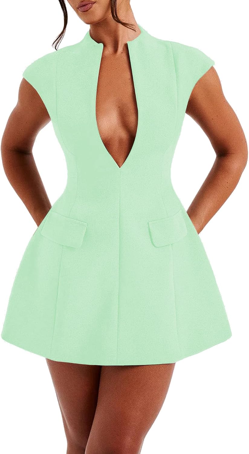 Deep V-Neck Cap-Sleeve Zip A-Line Mini Dress in Light Green