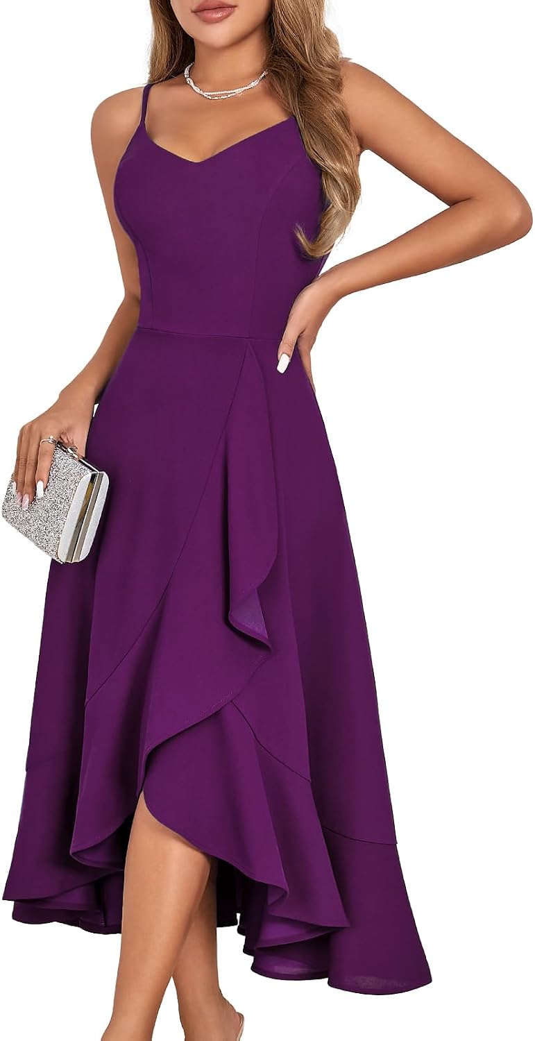 Ruffle High-Low Spaghetti Strap Cocktail Dress in Grape