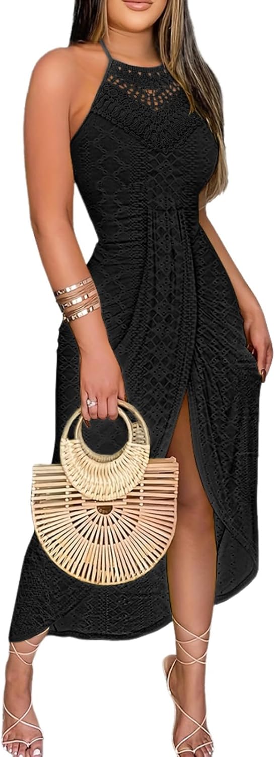 Eyelet Halter Cut-Out A-Line Dress in Black
