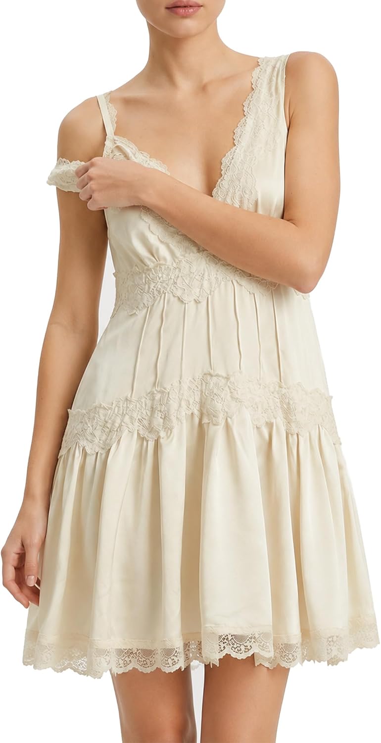 Lace V-Neck Ruffle-Hem Babydoll Slip Mini Dress in Limon Ice