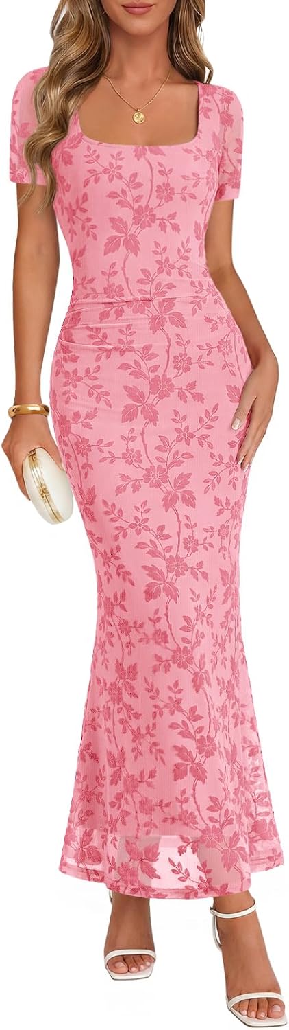 Floral Flocked Mesh Square-Neck Maxi Dress in Pink