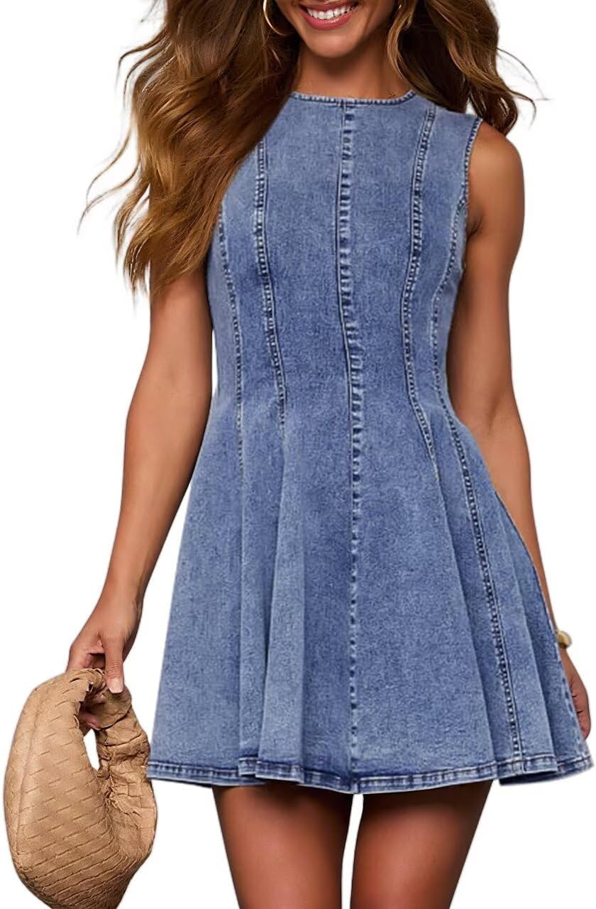 Sleeveless Denim Babydoll Mini Dress in Medium Blue