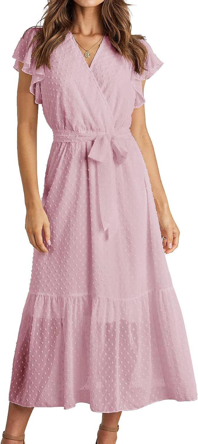 Swiss Dot Wrap V-Neck Belted Midi Dress in Swiss Dot Pink