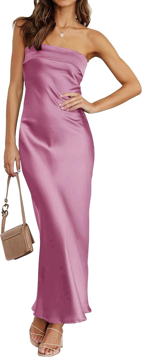 Satin Strapless Backless Bodycon Maxi Dress in Plum