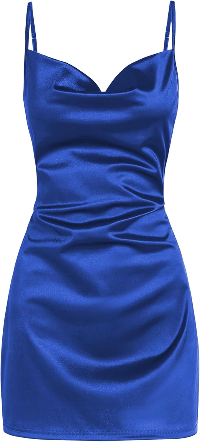 Satin Cowl-Neck Spaghetti Strap Slip Mini Dress in Royal Blue