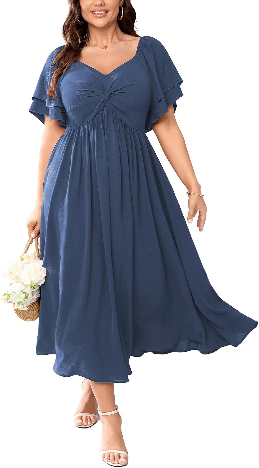 Plus Size Sweetheart Ruffle-Sleeve A-Line Maxi Dress in Dusty Blue