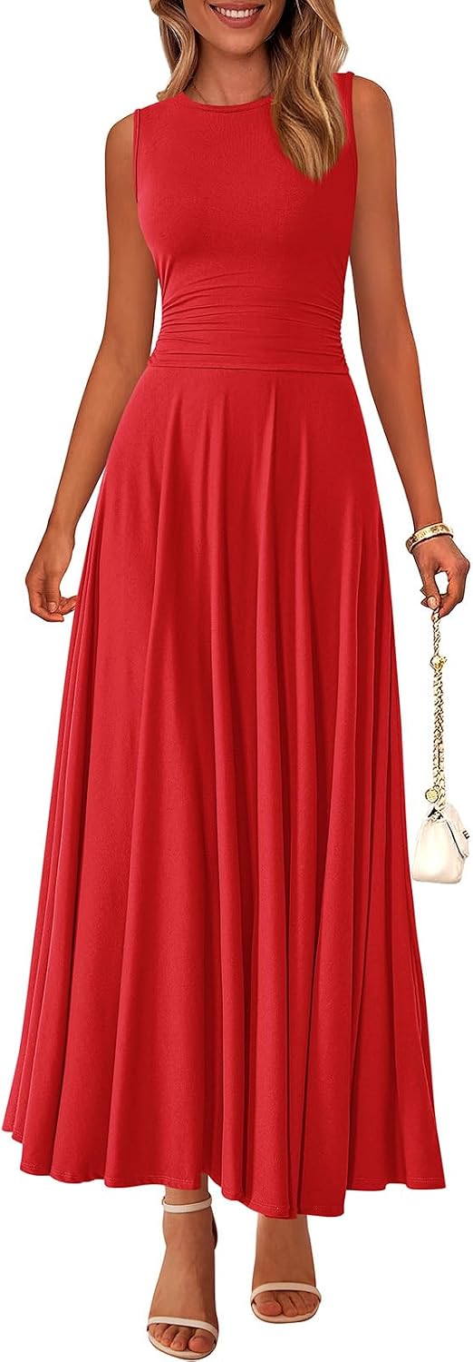 Rib Knit Crew-Neck Sleeveless A-Line Maxi Dress in Red