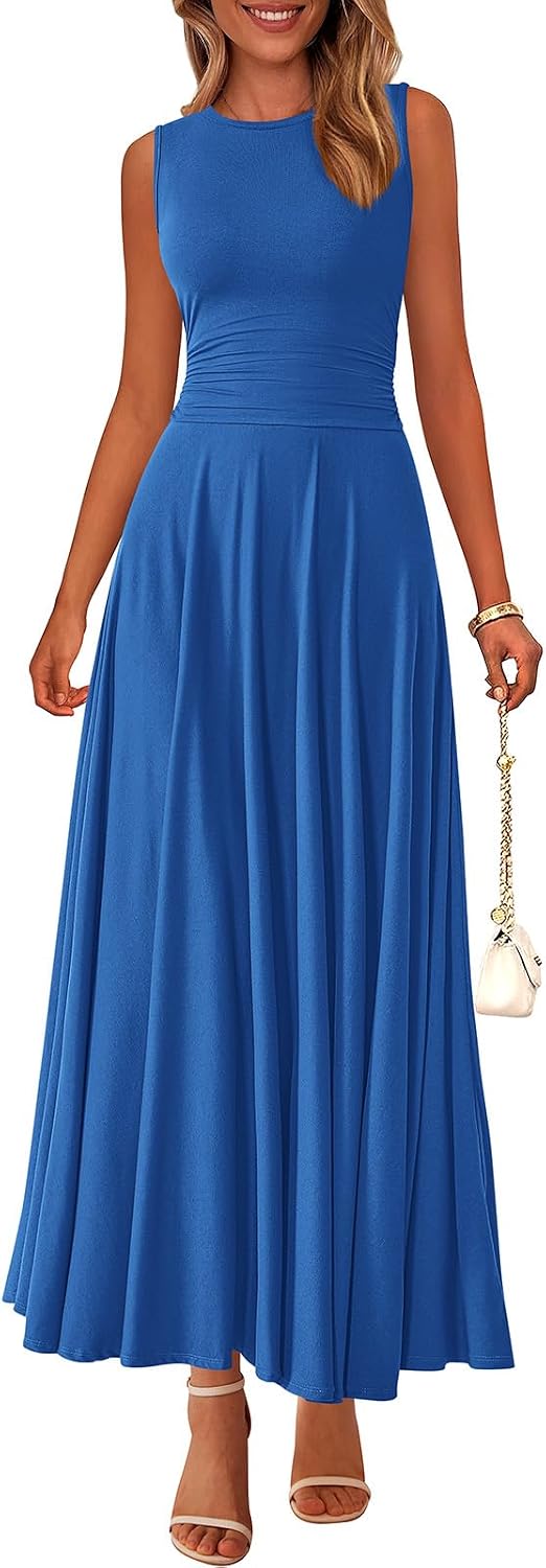 Rib Knit Crew-Neck Sleeveless A-Line Maxi Dress in Royal Blue